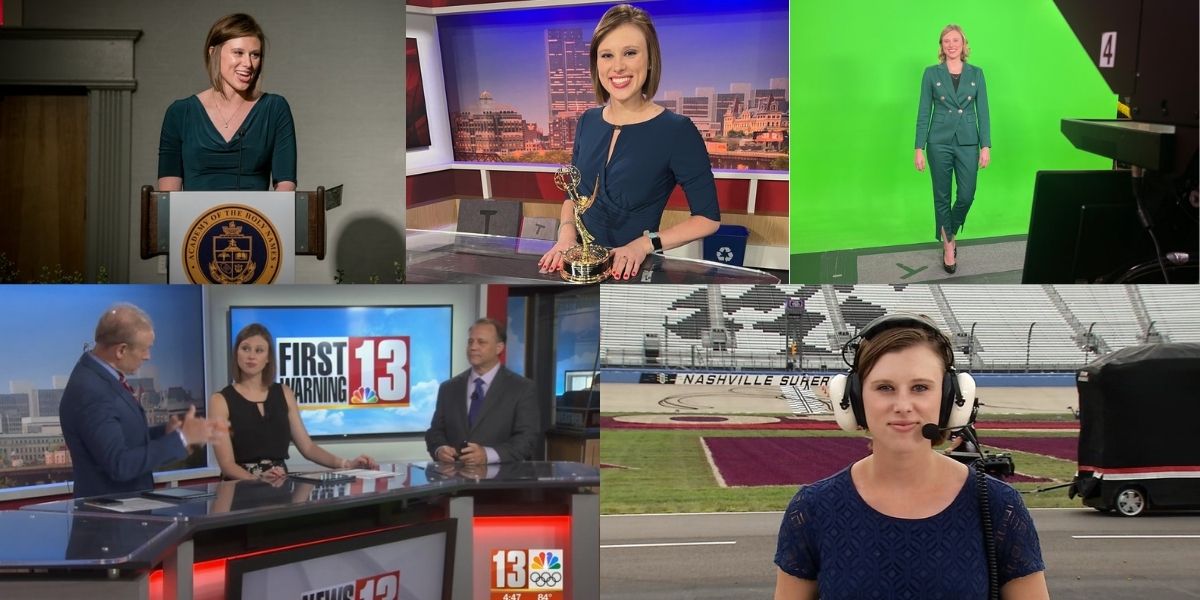 Collage of Rachel Tiede at news stations and in the field reporting