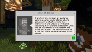 Minecraft screen showing dialog with the ghost of Banquo