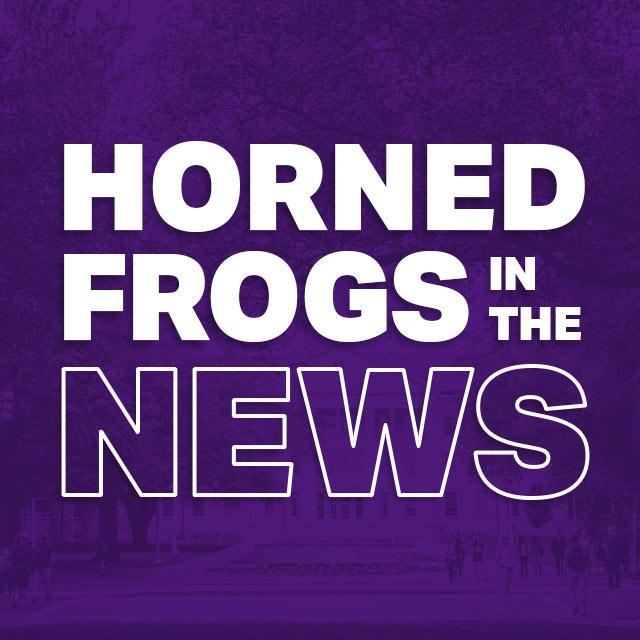 The text Horned Frogs in the News on a purple background
