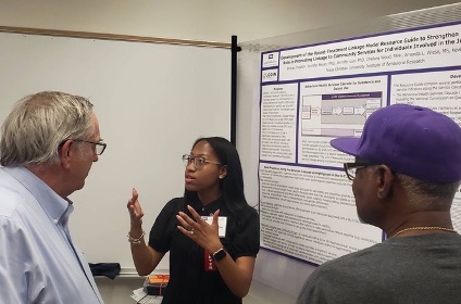 Brooke (center) presenting at the TCU Student Research Symposium (SRS) on the Opioid-Treatment Linkage Model, which is part of one of the larger research projects at the IBR