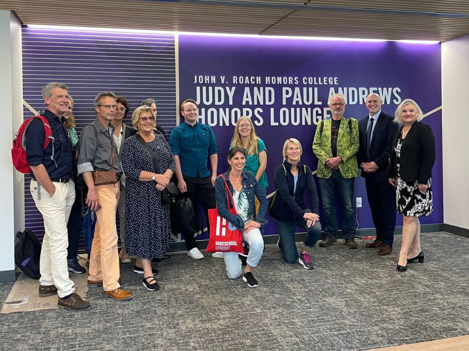 Dean Pitcock with Dutch visitors in the Paul and Judy Andrews Lounge