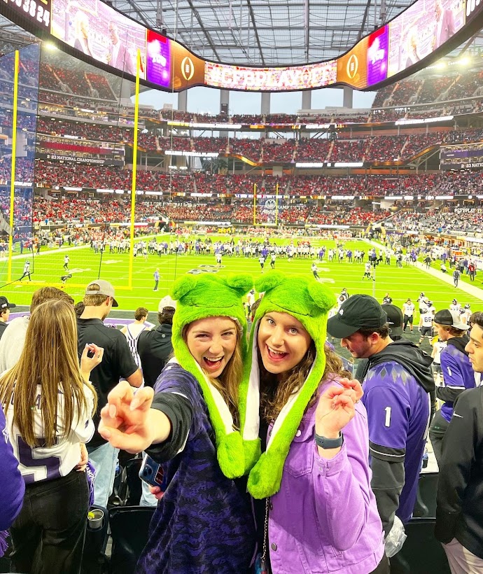 Roxy (left) with her first-year roommate at the College Football Playoff Championship